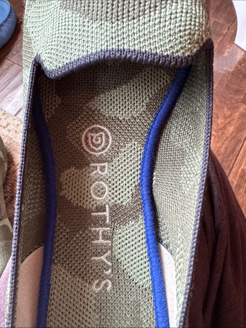 Rothy's Green Camo Knit Flats with Blue Trim and Orange Heel Tab - Picture 4 of 4